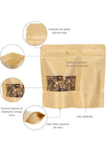 10 Adet 13X22 Kraft Doypack Kahve, Çay, Kuruyemiş, Baharat, Kuru Gıda, Gıda Koruma Poşetleri