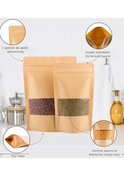 10 Adet 13X22 Kraft Doypack Kahve, Çay, Kuruyemiş, Baharat, Kuru Gıda, Gıda Koruma Poşetleri