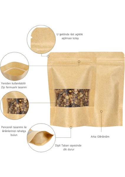 10 Adet 13X22 Kraft Doypack Kahve, Çay, Kuruyemiş, Baharat, Kuru Gıda, Gıda Koruma Poşetleri