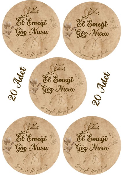 El Işi Handmade Temalı Paketleme Etiketi (20ADET) Yuvarlak Yapışkanlı Çıkartma Etiket 4cm