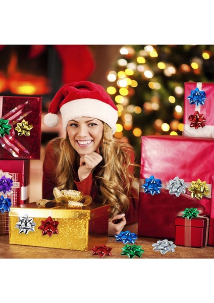 10 Adet Parlak Metalik Karışık Küçük Boy Fiyonk Hediye Poşeti Süsü Rafya Yapışkanlı Yıldız Süs