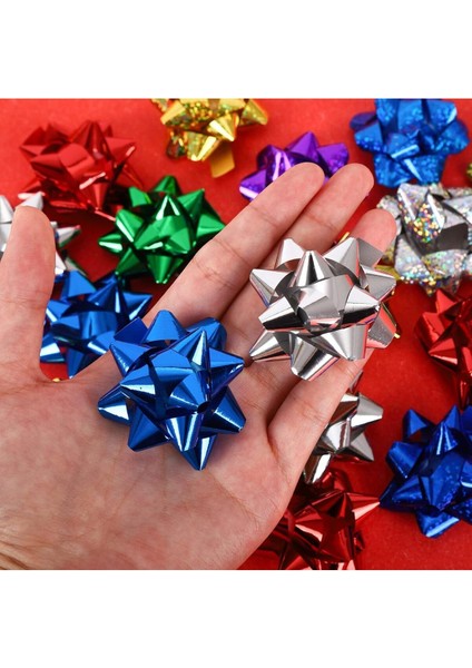 10 Adet Parlak Metalik Karışık Küçük Boy Fiyonk Hediye Poşeti Süsü Rafya Yapışkanlı Yıldız Süs