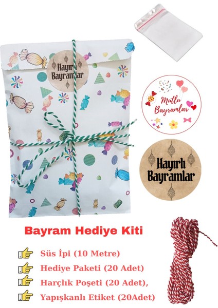 4lü Set Bayram Hediye Kiti Hediye Paketi, Harçlık Poşeti, Süs Ipi, Etiket