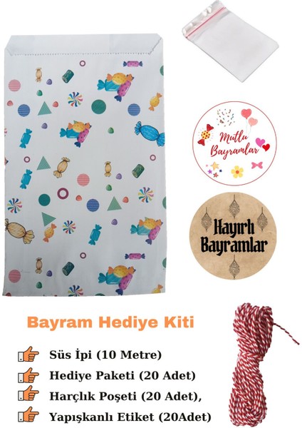 4lü Set Bayram Hediye Kiti Hediye Paketi, Harçlık Poşeti, Süs Ipi, Etiket