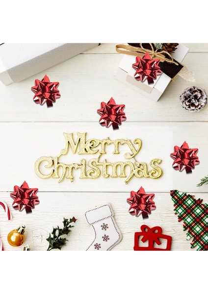 10 Adet Metalik Kırmızı Fiyonk Çekyıldız Hediye Paketi Süsü Rafya Yapışkanlı Yıldız Süs