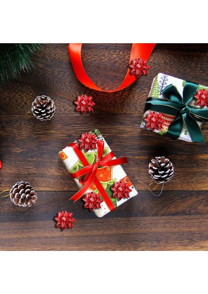 10 Adet Metalik Kırmızı Fiyonk Çekyıldız Hediye Paketi Süsü Rafya Yapışkanlı Yıldız Süs modelleri