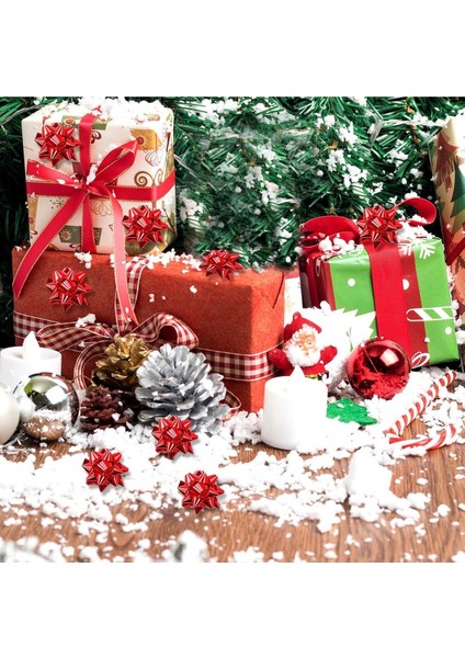 10 Adet Metalik Kırmızı Fiyonk Çekyıldız Hediye Paketi Süsü Rafya Yapışkanlı Yıldız Süs fırsatları