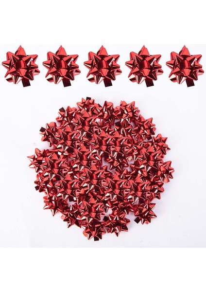 10 Adet Metalik Kırmızı Fiyonk Çekyıldız Hediye Paketi Süsü Rafya Yapışkanlı Yıldız Süs
