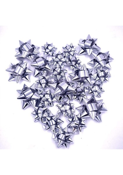 Gümüş Metalik Kendinden Yapışkanlı Fiyonk Yıldız Rafya Hediye Paketi Süsü 10 Adet