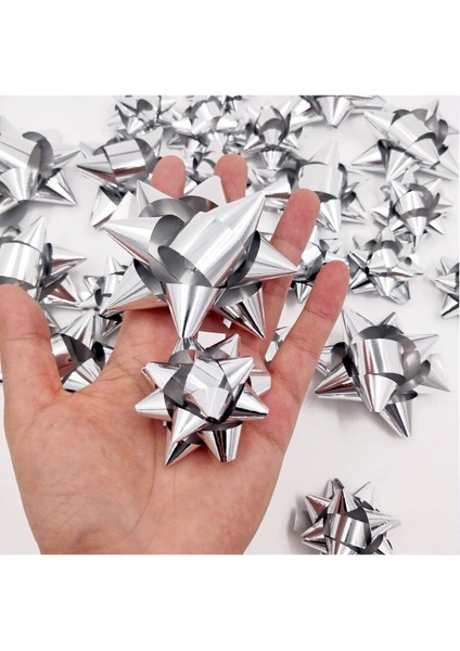 Gümüş Metalik Kendinden Yapışkanlı Fiyonk Yıldız Rafya Hediye Paketi Süsü 10 Adet fiyatları
