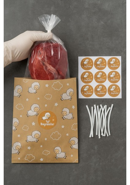 4lü Set Bayram Et Hediye Seti (Hediye Paketi+ Ultra Kalın Buzdolabı Poşeti+Etiket+ Klips)