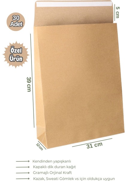 30 Adet Mega Boy Dik Duran Yapışkanlı Kapaklı Körüklü Kraft Hediye Paketi 31X44X12