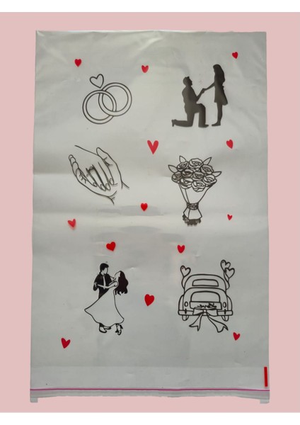 Love Concept Baskılı Özel Gün Temalı Bantlı 10 Adet Şeffaf Poşet 35X50+5 cm