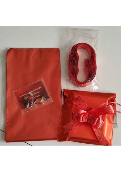 30X35 Kırmızı Yapışkanlı Metalize Hediye Poşeti Metalik Kırmızı Hediye Ambalaj Paketi 10 Adet