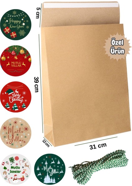 3lü Set 5 Adet Mega Boy Dik Duran Hediye Paketi + Yeşil-Beyaz Ip+ Yılbaşı Etiketleri