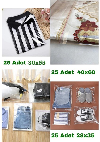 28X35, 30X55, 40X60 Karışık Çeyiz Poşeti Bantlı Şeffaf Jelatin Poşet Ambalaj Paketi (75 Adet)