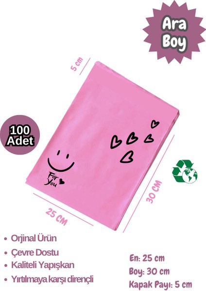 100 Adet 25X30+5 Ara Boy Fuşya Kargo Poşeti Cepsiz Hediye Paketleme Poşeti