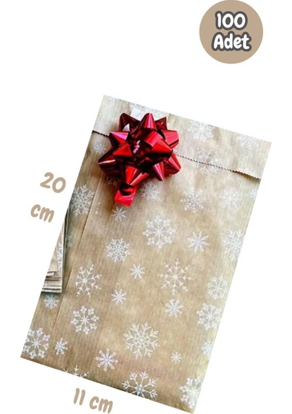 100 Adet 11X20 Kar Desenli Minik Boy Hediye Paketi Yılbaşı Temalı Hediye Ambalaj Kese Kağıdı