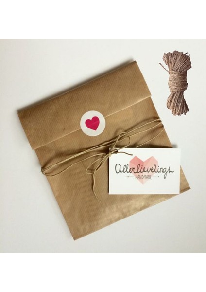 2li Set (100 Adet 17X26 + 15M Jüt Ip) Hazır Kraft Hediye Paketi Kalın Otantik Ambalaj Kağıdı