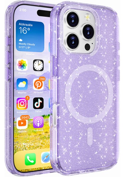 iPhone 16 Pro Max Kılıf Şeffaf Simli ve Magsafe Özellikli Şık Dazzle Premium Sert Silicone Case Cover