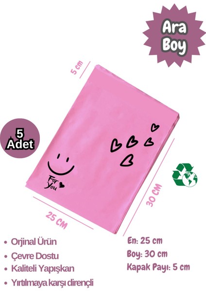 5 Adet 25X30+5 Ara Boy Fuşya Kargo Poşeti Cepsiz Hediye Paketleme Poşeti