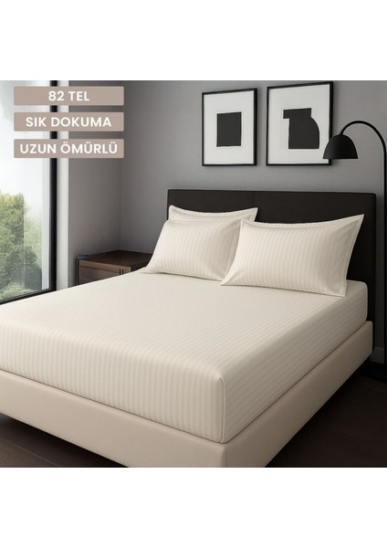Satin Stripe %100 Pamuk Saten Çift Kişilik Çizgili Lastikli Çarşaf Seti Yastıklı 160X200+30