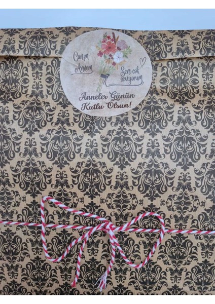 1 Adet Büyük Boy 30X40 Anneler Günü Hediye Paketi Seti (Damask Desenli Paket Ip Etiket-8cm)