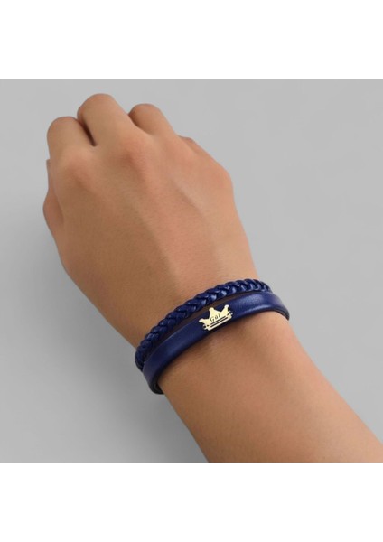 Gül İsmine Özel 14 Ayar Altın Plakalı Lacivert Derili Taç Motifli Hediye Bileklik-506 İsim