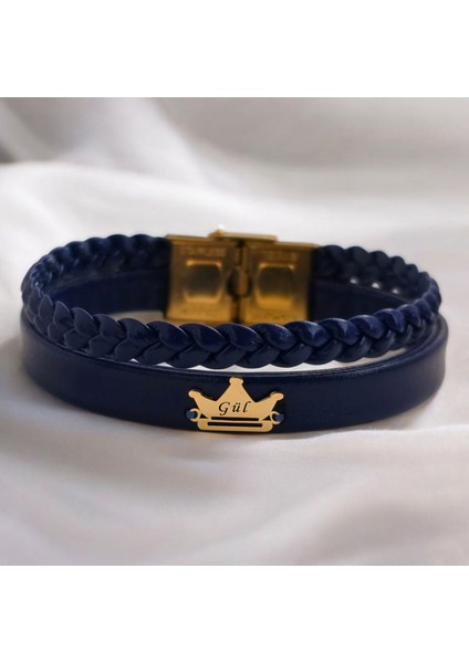 Gül İsmine Özel 14 Ayar Altın Plakalı Lacivert Derili Taç Motifli Hediye Bileklik-506 İsim fiyatları