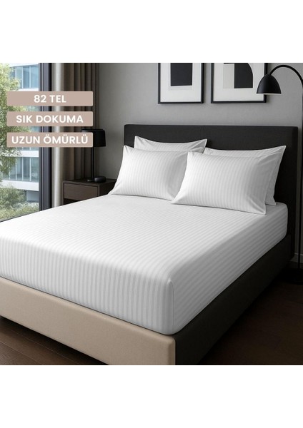 Satin Stripe %100 Pamuk Saten Çift Kişilik Çizgili Lastikli Çarşaf Seti Yastıklı 160X200+30
