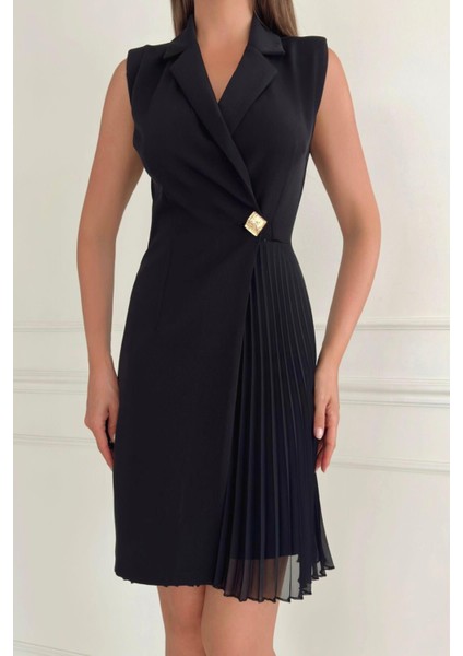 Ceket Yaka Düğme Detaylı Kolsuz Piliseli Kadın Abiye Elbise 017Y