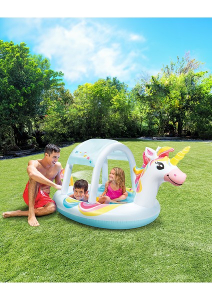 Unicorn Fıskiyeli Şişme Çocuk Havuzu | 127X102X69 cm Gölgelikli Deniz Botu | Deniz Yatağı