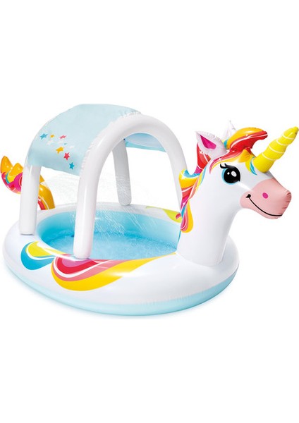 Unicorn Fıskiyeli Şişme Çocuk Havuzu | 127X102X69 cm Gölgelikli Deniz Botu | Deniz Yatağı
