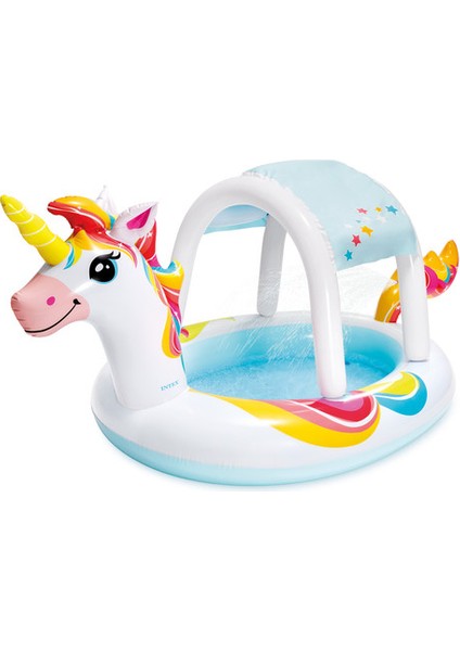Unicorn Fıskiyeli Şişme Çocuk Havuzu | 127X102X69 cm Gölgelikli Deniz Botu | Deniz Yatağı