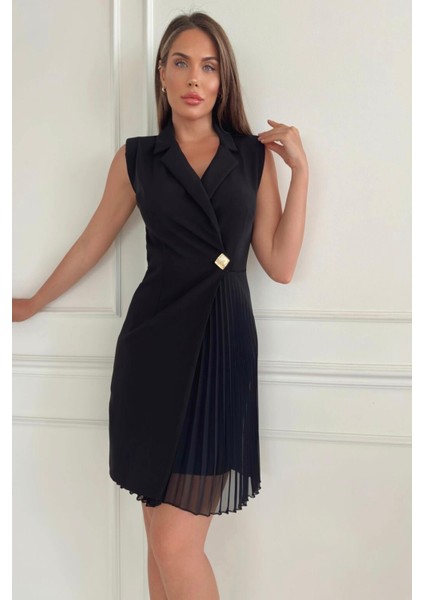 Ceket Yaka Düğme Detaylı Kolsuz Piliseli Kadın Abiye Elbise 017Y modelleri