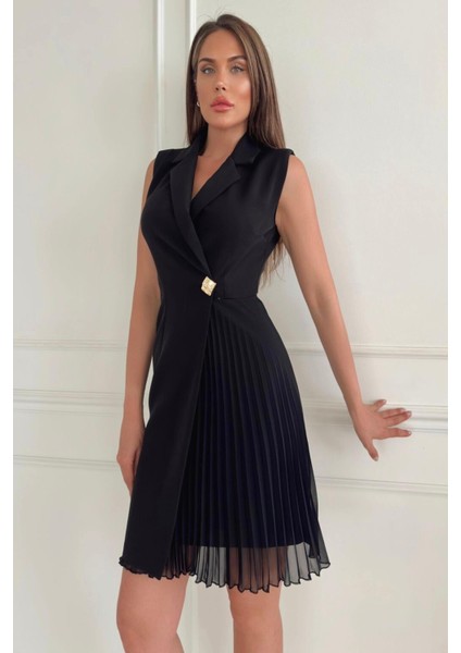 Ceket Yaka Düğme Detaylı Kolsuz Piliseli Kadın Abiye Elbise 017Y fırsatları