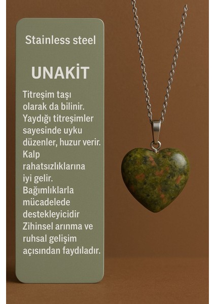 Unakit Taşı Kalp Kolye – Doğal Taşlı Çelik Zincir