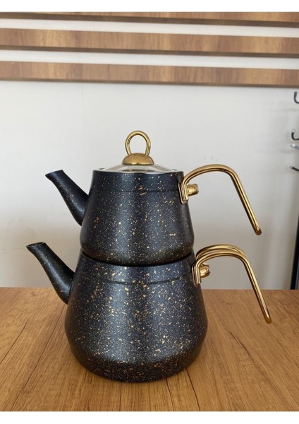 Alt ve Üst Demlikli, Cam Kapaklı, Granit Yüzeyli, Gold Renk Kulplu Çaydanlık