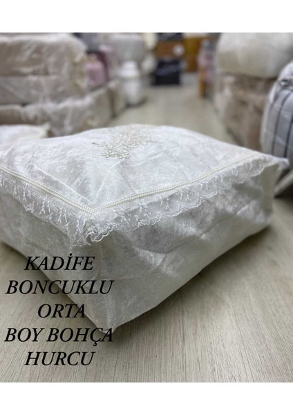 Kadife Boncuklu Taşlı Fermuarlı Orta Boy Bohça, Şık ve Kullanışlı Tekstil Ürünleri