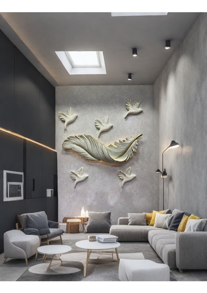 Altın Damarlı Kuş ve Tüy Detaylı Büyük Dekoratif Aplik 83X30CM