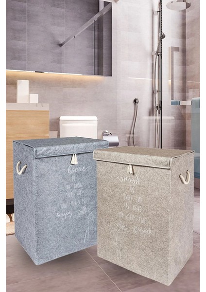 2'li Keçe Kapaklı Mega Çamaşır Sepeti Seti Bej Gri