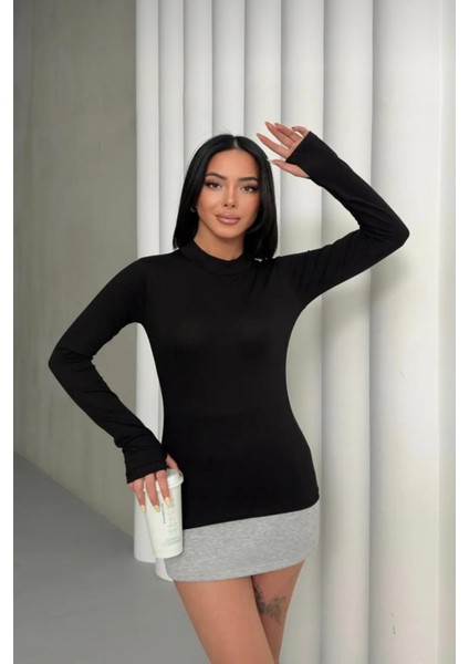 Kadın Siyah Balıkçı Dik Yaka Uzun Kollu Parmak Geçirme Detaylı Body/bluz modelleri
