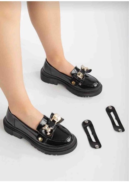 Loafer Siyah Rugan Gold Ayıcık Toka Detaylı Rahat Ayakkabı