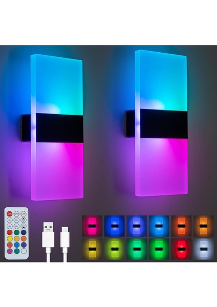 Renkli Duvar Aplikleri, 2’li LED Oda Dekoru, Kısılabilir, Uzaktan Kumanda, Şarjlı