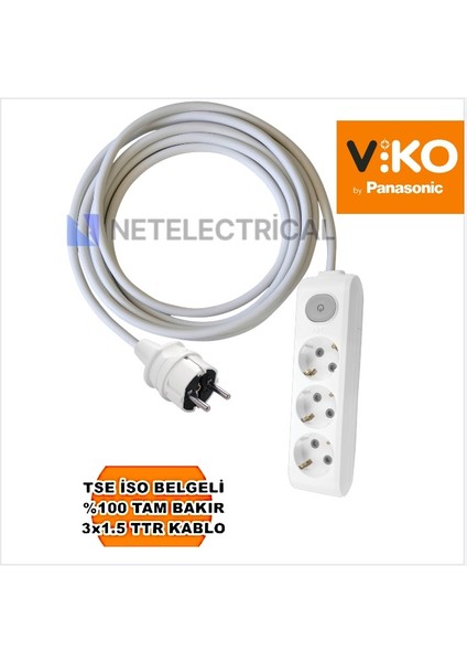 Multi-Let | Üçlü 5 Metre Anahtarlı Topraklı - Ç. K. Grup Priz - 3'lü, 5 M, 3x1.5 Ttr (Tam Bakır) Kablolu