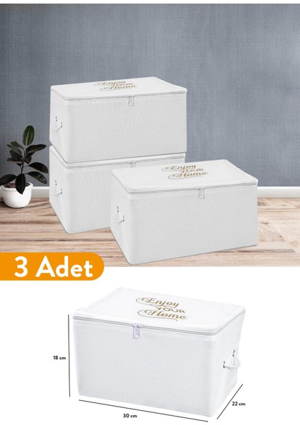 3'lü Mini Beyaz Baskılı Hurç, 30X22X18 Cm, Şık ve Kullanışlı Saklama Çözümü