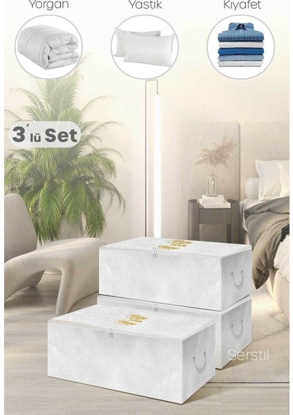 3'lü Mini Beyaz Baskılı Hurç, 30X22X18 Cm, Şık ve Kullanışlı Saklama Çözümü fiyatları