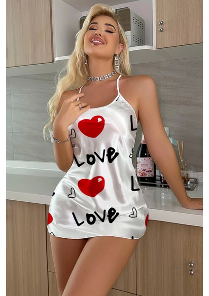 Love Desenli Beyaz Saten Gecelik fırsatları
