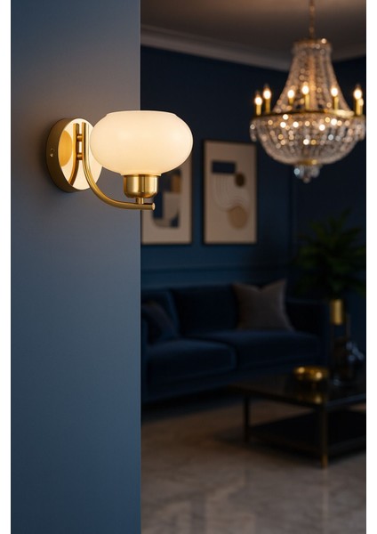 Modern Beyaz Camlı Aplik, Altın Kaplama, Şık ve Zarif Salon Dekor