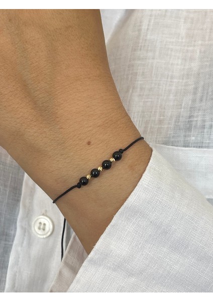 14 Ayar Altın 3 Dorika Detaylı Doğal Onix Taşlı Unisex Altın Bileklik